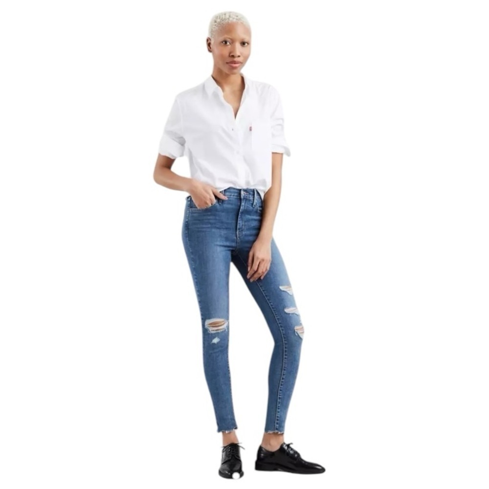 Levi 720 High Rise Super Skinny Raw Hem Destroyed Jeans. Blue Size 30 #801